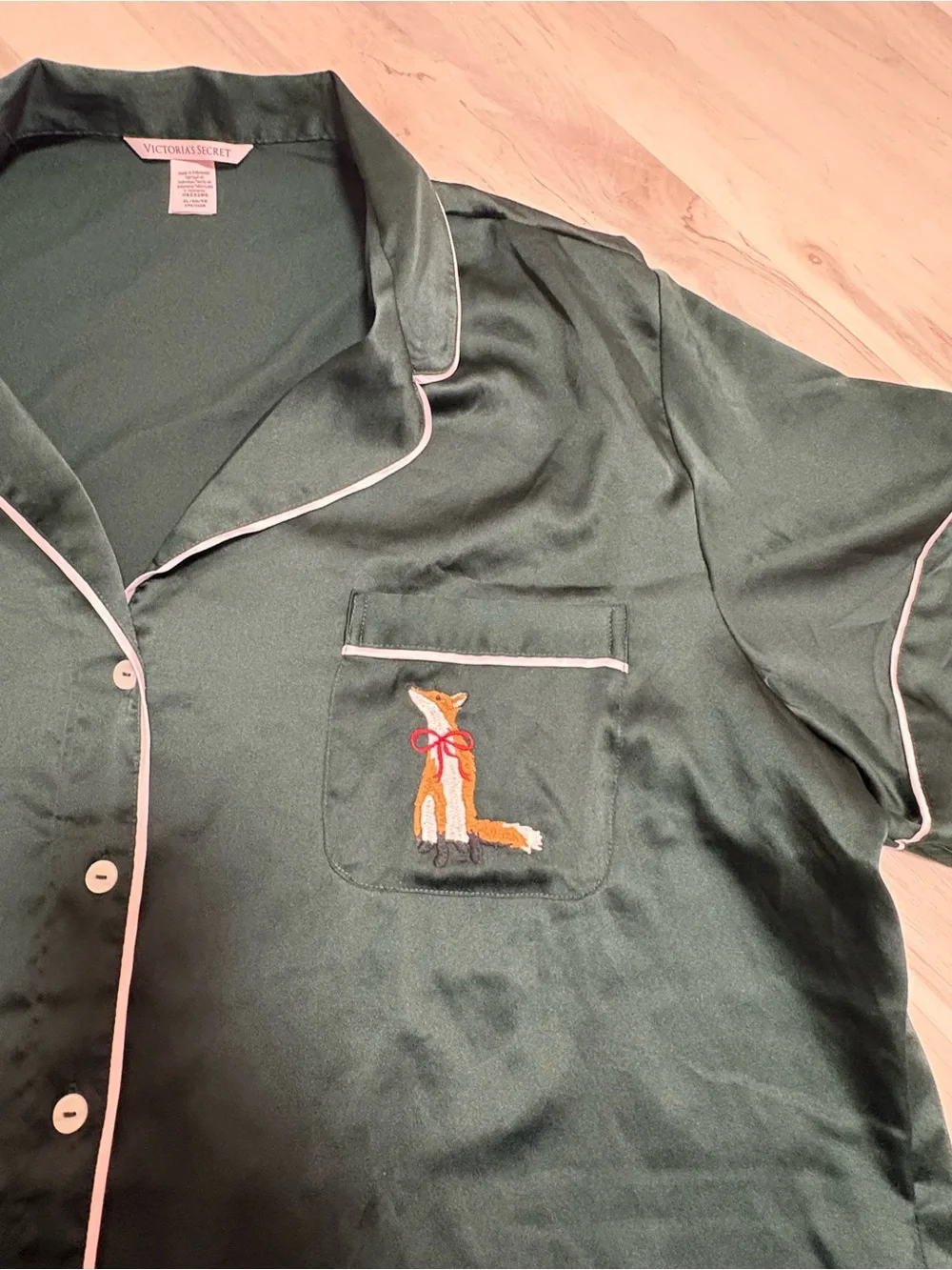 Victoria's Secret Green Satin Top with Fox Embroidery | Size XL | Cottagecore